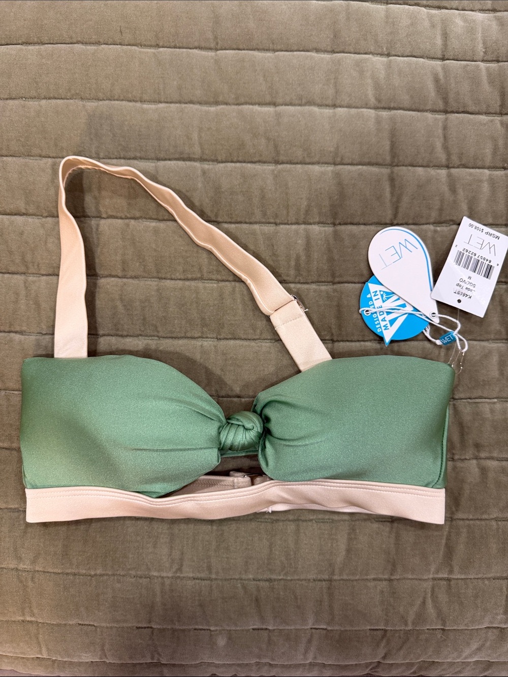 WET Women’s Green Knot-Front Bikini Top with Cream Straps